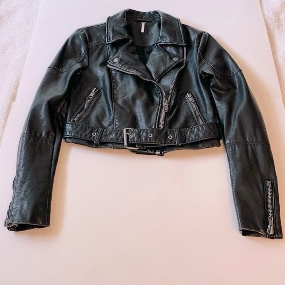Free People Faux Leather Belted Black Moto Jacket Size XS